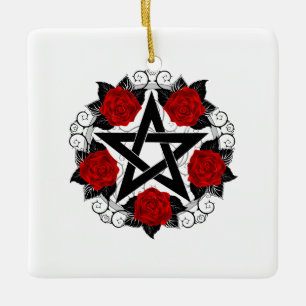 Pentagramm mit Rote Rosen Keramikornament