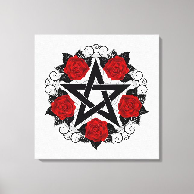 Pentagramm mit Rote Rosen Leinwanddruck (Vorderseite)