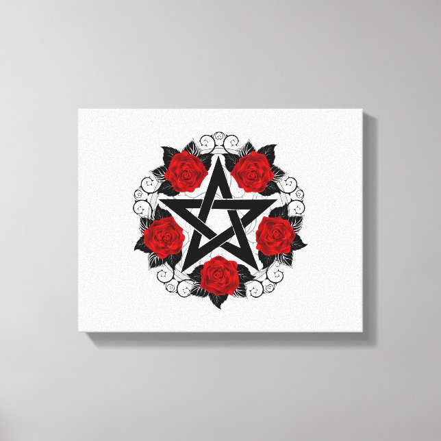 Pentagramm mit Rote Rosen Leinwanddruck (Vorderseite)