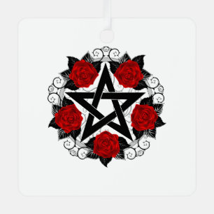 Pentagramm mit Rote Rosen Ornament Aus Metall
