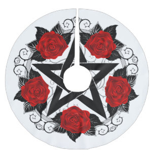Pentagramm mit Rote Rosen Polyester Weihnachtsbaumdecke