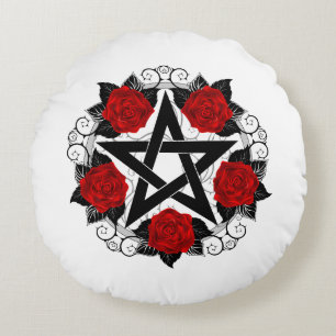 Pentagramm mit Rote Rosen Rundes Kissen