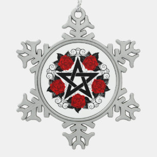 Pentagramm mit Rote Rosen Schneeflocken Zinn-Ornament