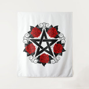 Pentagramm mit Rote Rosen Wandteppich