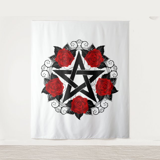 Pentagramm mit Rote Rosen Wandteppich (Vorderseite)