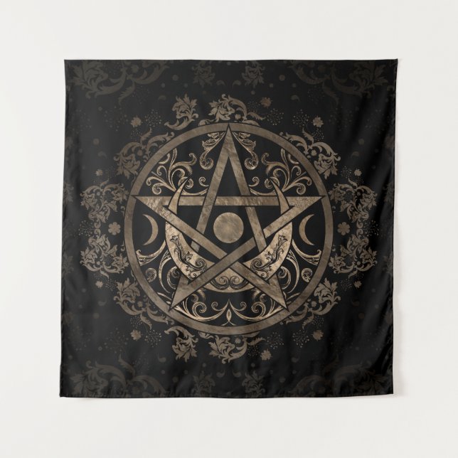 Pentagramm-Ornament - Gold und Schwarz Wandteppich (Vorderseite)