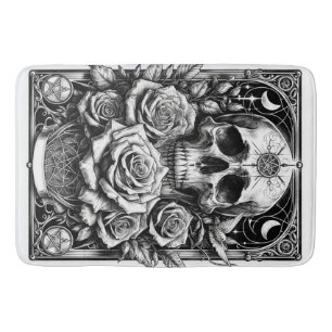 Pentakel-Skelett-Totenkopf und Rosen Tarot Kunst Badematte