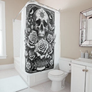 Pentakel-Skelett-Totenkopf und Rosen Tarot Kunst Duschvorhang