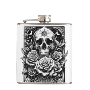 Pentakel-Skelett-Totenkopf und Rosen Tarot Kunst Flachmann