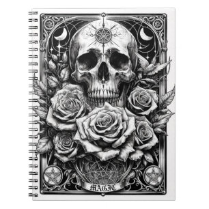 Pentakel-Skelett-Totenkopf und Rosen Tarot Kunst Notizblock