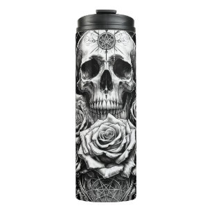 Pentakel-Skelett-Totenkopf und Rosen Tarot Kunst Thermosbecher