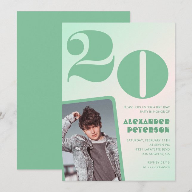 Pente verte Invitations à 20e anniversaire Photo (Devant / Derrière)