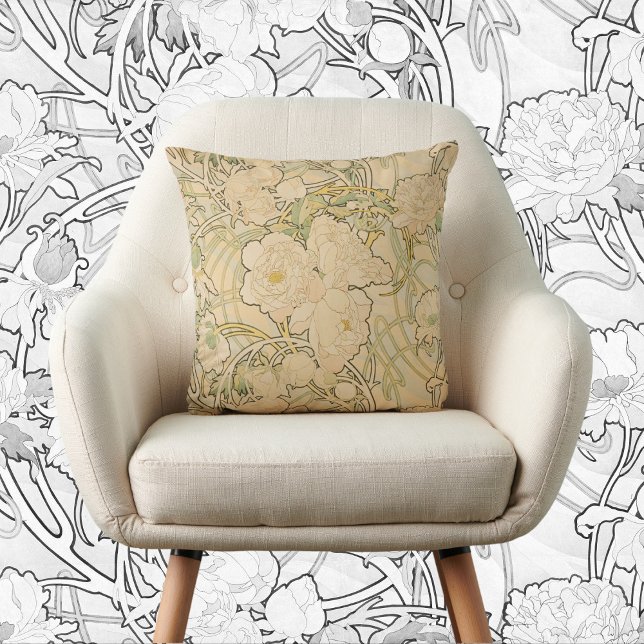 Peones von Alphonse Mucha, Vintager Jugendstil Kissen (Vintage Art Nouveau, Peonies by Alphonse Mucha Throw Pillow)