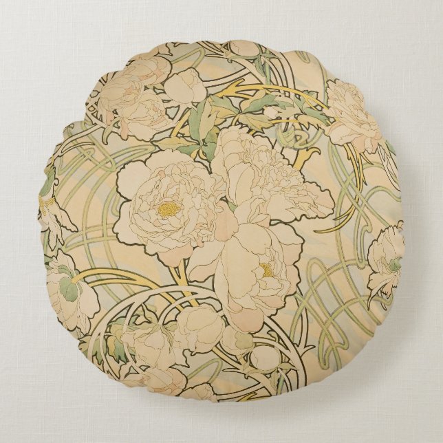 Peones von Alphonse Mucha, Vintager Jugendstil Rundes Kissen (Vorderseite)