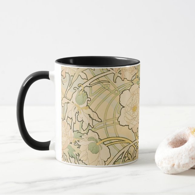 Peones von Alphonse Mucha, Vintager Jugendstil Tasse (Mit Donut)