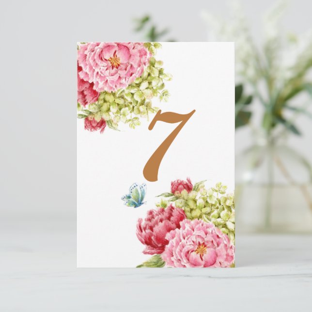 Peongs und Hydrangea-Tafelkarte Nr. 7 RSVP Karte (Stehend Vorderseite)