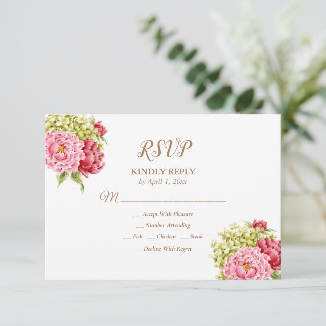 Peongs und Hydrangeas-Response-Karte RSVP Karte (Stehend Vorderseite)