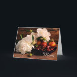 Peonies and Fruit Mothers Day Karte<br><div class="desc">The front of this pretty Mother's Day card features a beautiful still life photograph of white peonies. Beside the flowers is a dish of fruit, including cherries and nectarines. The images are against a warm wooden background, which contrasts nicely with the blossoms and rich colors of the fruit. At the...</div>