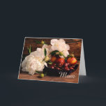 Peonies and Fruit Mothers Day Karte<br><div class="desc">The front of this pretty Mother's Day card features a beautiful still life photograph of white peonies. Beside the flowers is a dish of fruit, including cherries and nectarines. The images are against a warm wooden background, which contrasts nicely with the blossoms and rich colors of the fruit. At the...</div>