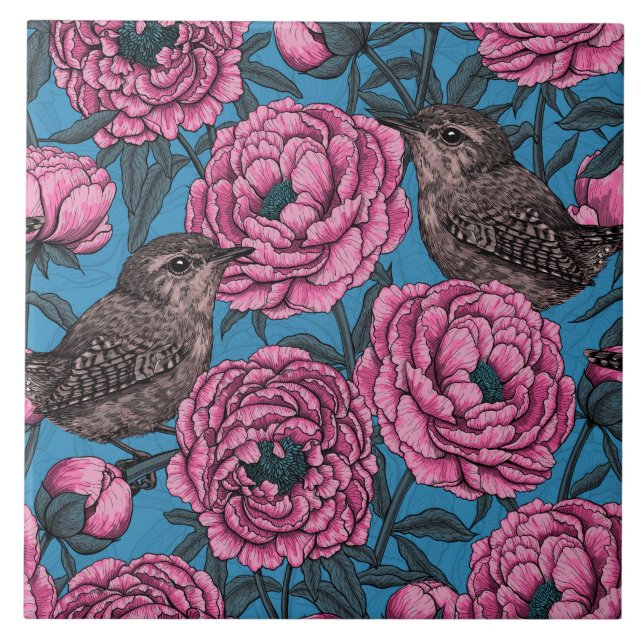 Peonies and wrens on blue fliese (Vorderseite)