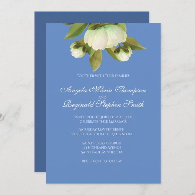 Peonies blanches avec Provence Blue Invitation (Devant / Derrière)