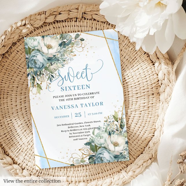 Peonies blanches bleues douces 16 Invitations (Modern Dusty Blue White Peonies Sweet 16 Invitation)