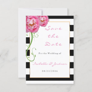 Peonies-Blume auf schwarzen und weißen Streifen Save The Date