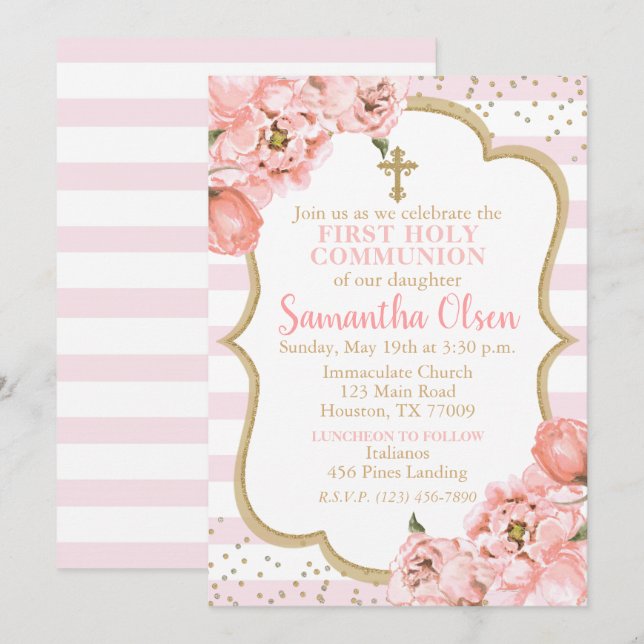 Peonies Blush Pink & Gold Erste heilige Kommune Einladung (Vorne/Hinten)