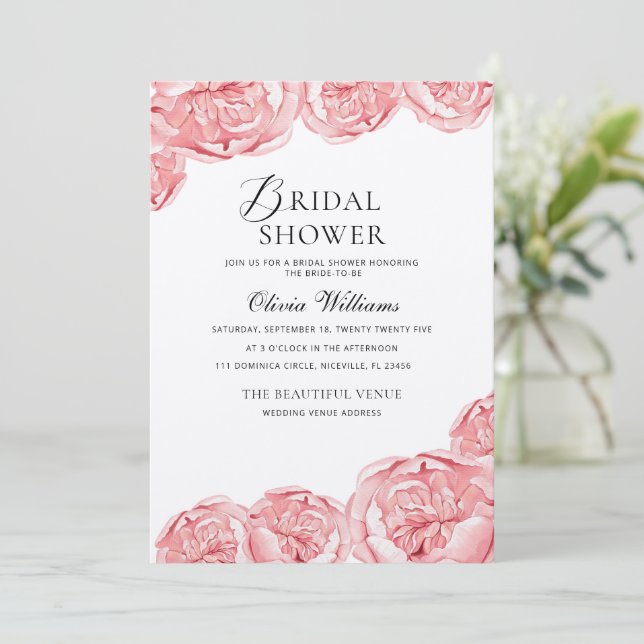 Peonies Bridal Dusche Einladung (Stehend Vorderseite)