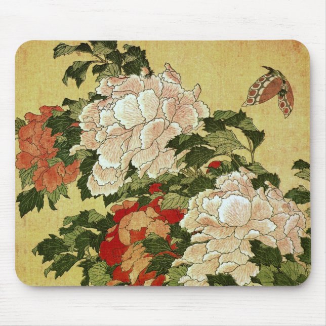 Peonies & Butterflies Hokusai japanische Kunstkuns Mousepad (Vorne)