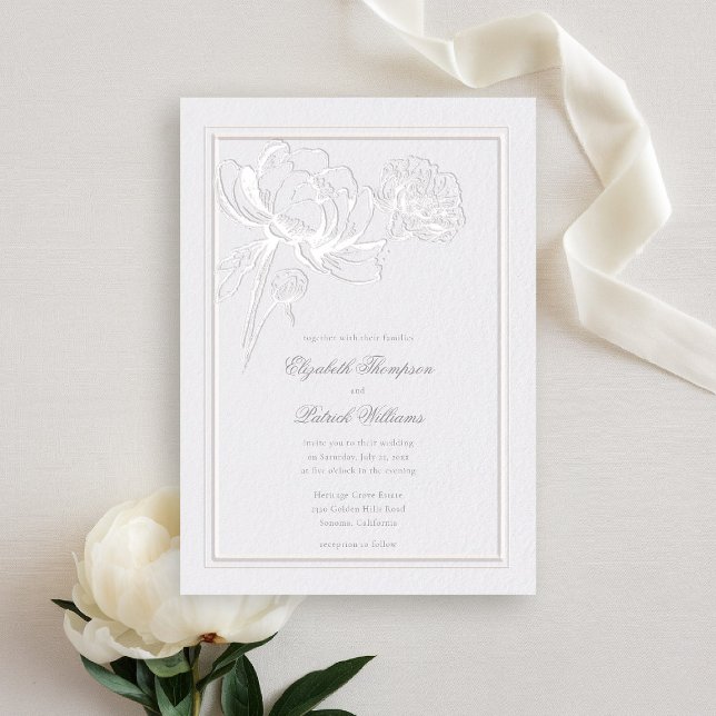 Peonies Elvory Formal Elegante Moderne Art Hochzei Einladung (peony wedding invitation formal traditional modern classic typography calligraphy double frame ivory)