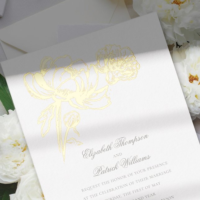 Peonies Floral Gold Formal Elegante Hochzeit Folieneinladung (peony wedding invitation formal traditional gold foil calligraphy modern classic)