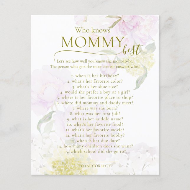 Peonies Hydrangea Baby Shower Game Mommy Best (Vorderseite)