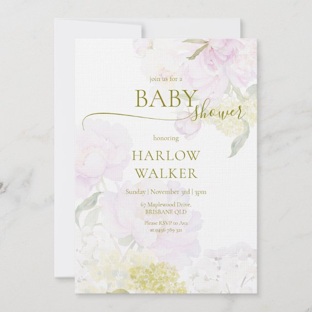 Peonies Hydrangea Pastel Watercolor Babydusche Einladung (Vorderseite)