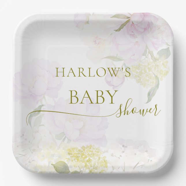 Peonies Hydrangea Pastel Watercolor Babydusche Pappteller (Vorderseite)