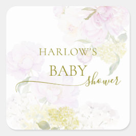 Peonies Hydrangea Pastel Watercolor Babydusche Quadratischer Aufkleber