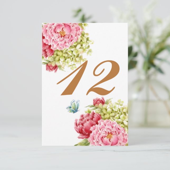 Peonies Hydrangea Table Card No. 12 RSVP Karte (Stehend Vorderseite)