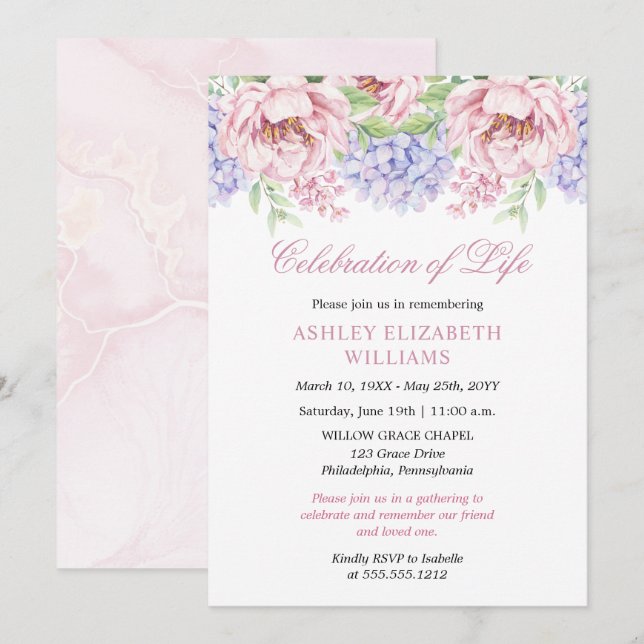Peonies | Hydrangeas Floral Celebration of Life Einladung (Vorne/Hinten)