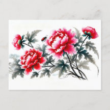 Peonies in Red Asian Tinainting