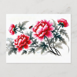 Peonies in Red Asian Tinainting Feiertagspostkarte