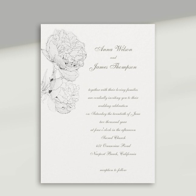 Peonies Ink Ivory White Formal Calligraphy Wedding Einladung (peony wedding invitation large blooms ink sketch ivory white formal calligraphy modern classic)