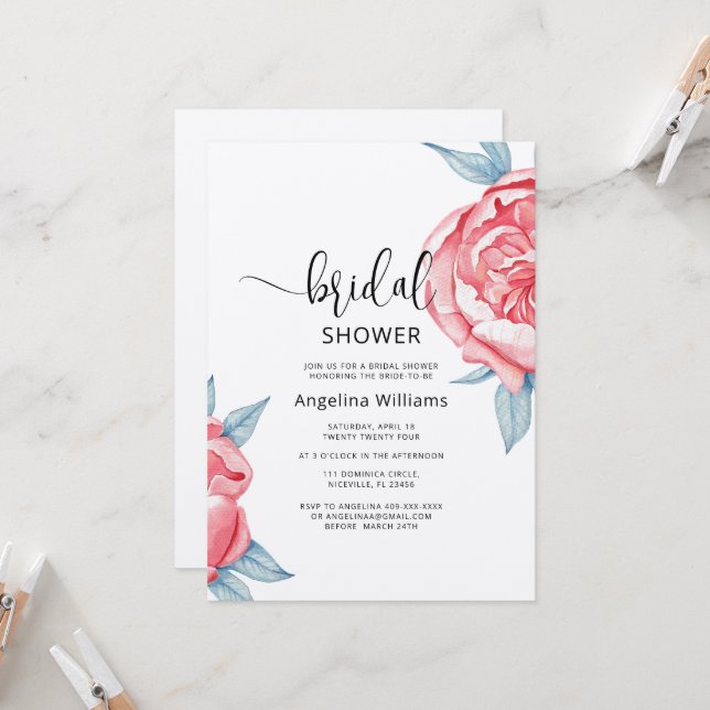 Peonies Invitation à la douche nuptiale (Devant/Arrière en situation)