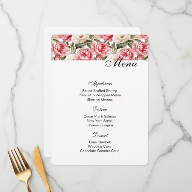 Peonies Menu Card Menükarte (Vorderseite/Rückseite Beispiel)