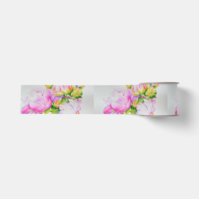 Peonies, rosa, weiß, Aquarellmalerei Ripsband (Vorderseite)