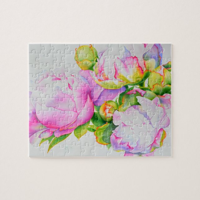 Peonies, rosa, weiß, blühende Aquarellbilder (Horizontal)