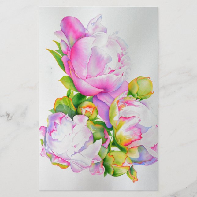 Peonies, rosa, weiß, blühende Aquarellbilder Briefpapier (Vorderseite)
