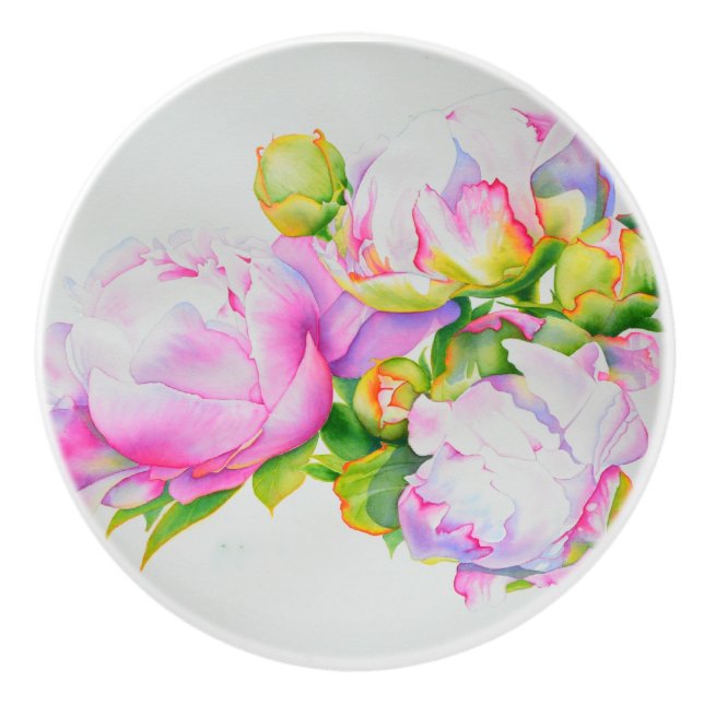 Peonies, rosa, weiß, blühende Aquarellbilder Keramikknauf (Vorderseite)