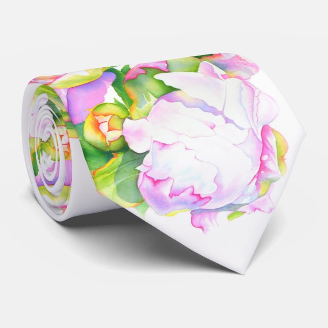 Peonies, rosa, weiß, blühende Aquarellbilder Krawatte (Gerollt)