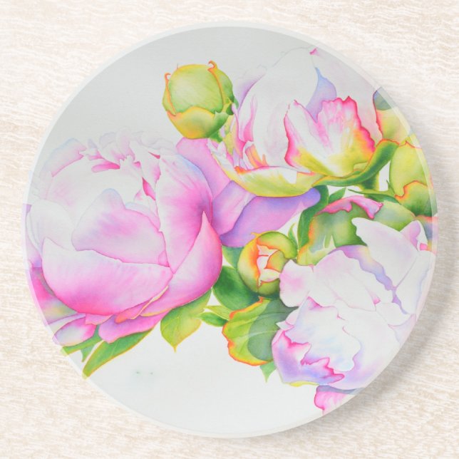 Peonies, rosa, weiß, blühende Aquarellbilder Sandstein Untersetzer (Vorne)