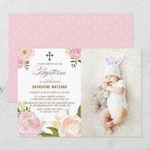 Peonies rose Aquarelle Photo Baptême Invitation